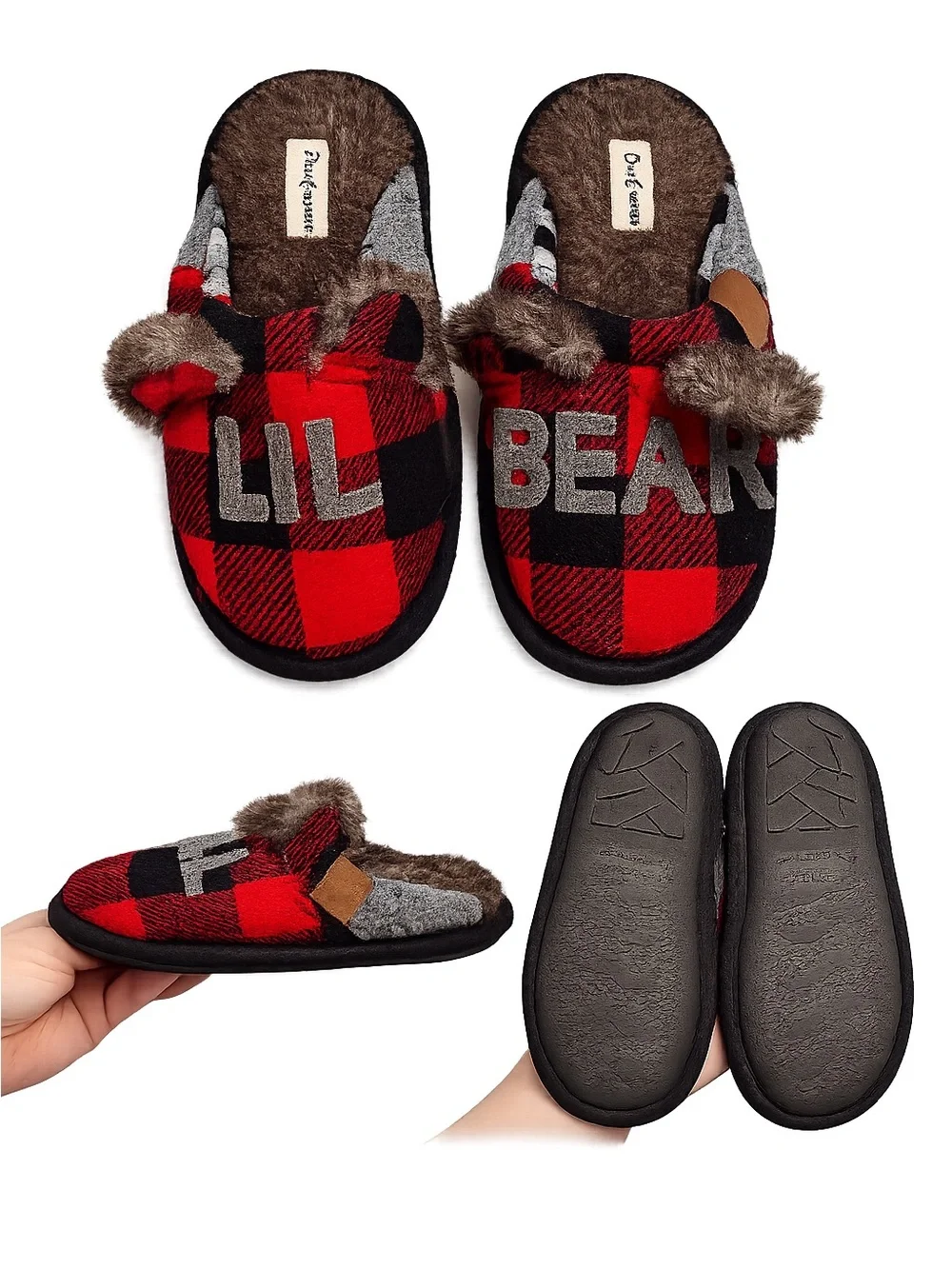 'Lil Bear' Kids Plaid Slippers - Red/Black NWOT